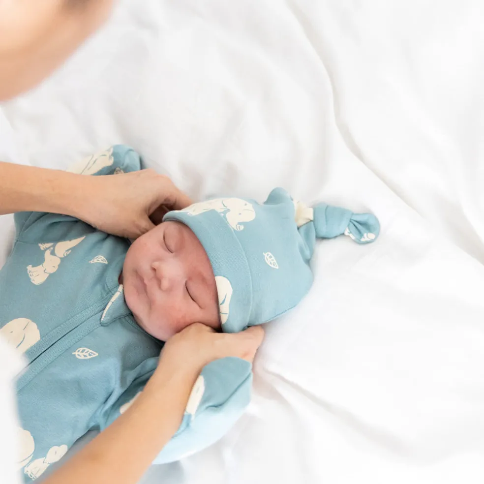 Motherswork x Le Petit Society Baby Organic Kimono Romper in Elephant Print