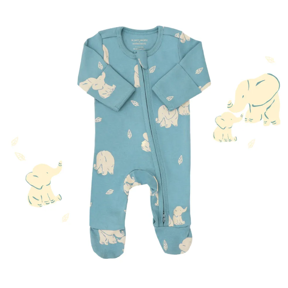 Motherswork x Le Petit Society Baby Organic Zip Sleepsuit in Elephant Print