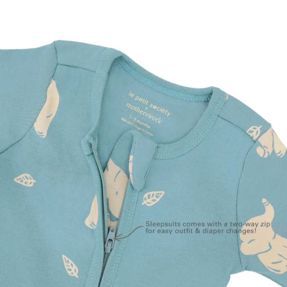 Motherswork x Le Petit Society Baby Organic Zip Sleepsuit in Elephant Print